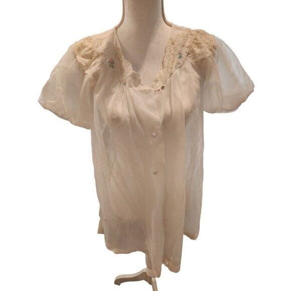 Vintage 60s Shadowline White Lace Sheer Rosettes Bed Jacket Topper Lingerie M - Picture 1 of 10